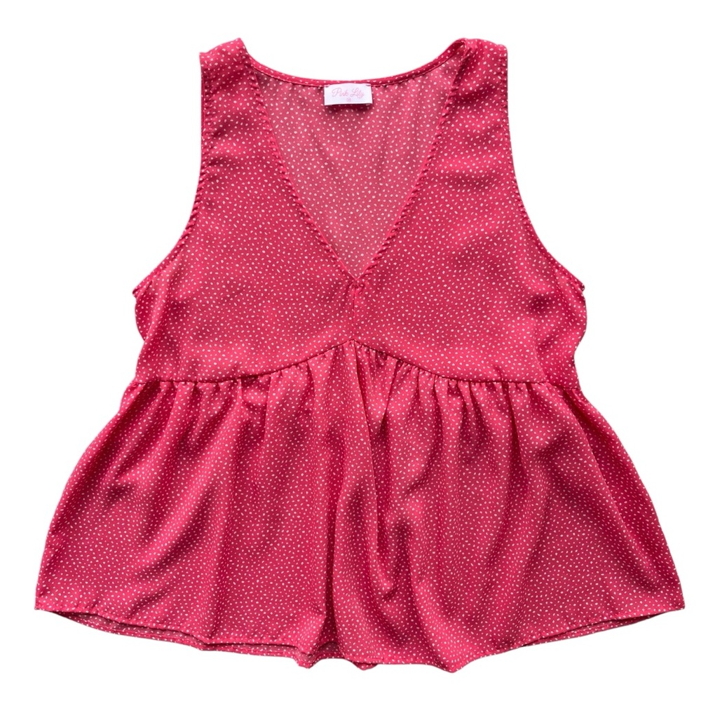 Pink Lily Womens M Pink White Abstract Dot Sheer V-Neck Peplum Sleeveless Blouse